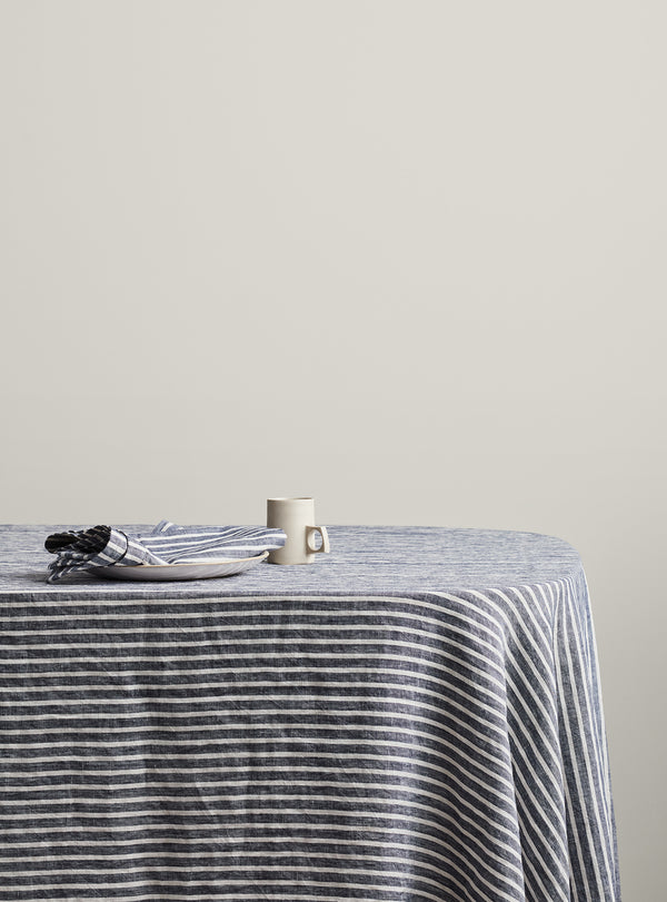 Indigo Stripe French Flax Linen Tablecloth - Milk & Sugar