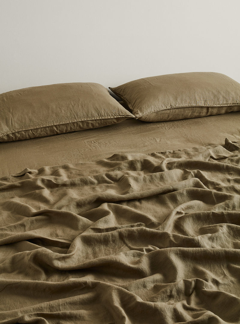 Olive French Flax Linen Fitted Sheet - Milk & Sugar